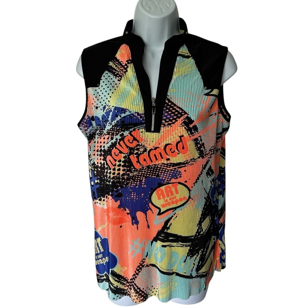 Jamie Sadock Crinkle Neon Sleeveless Top Artsy Golf Pickleball Excellent Size M - Picture 8 of 9